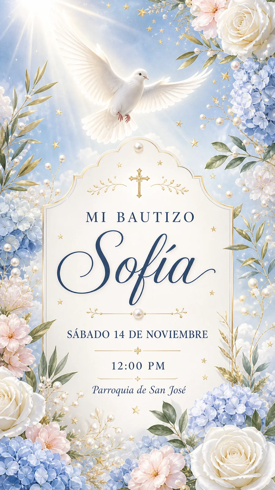 Invitación de bautizo con paloma